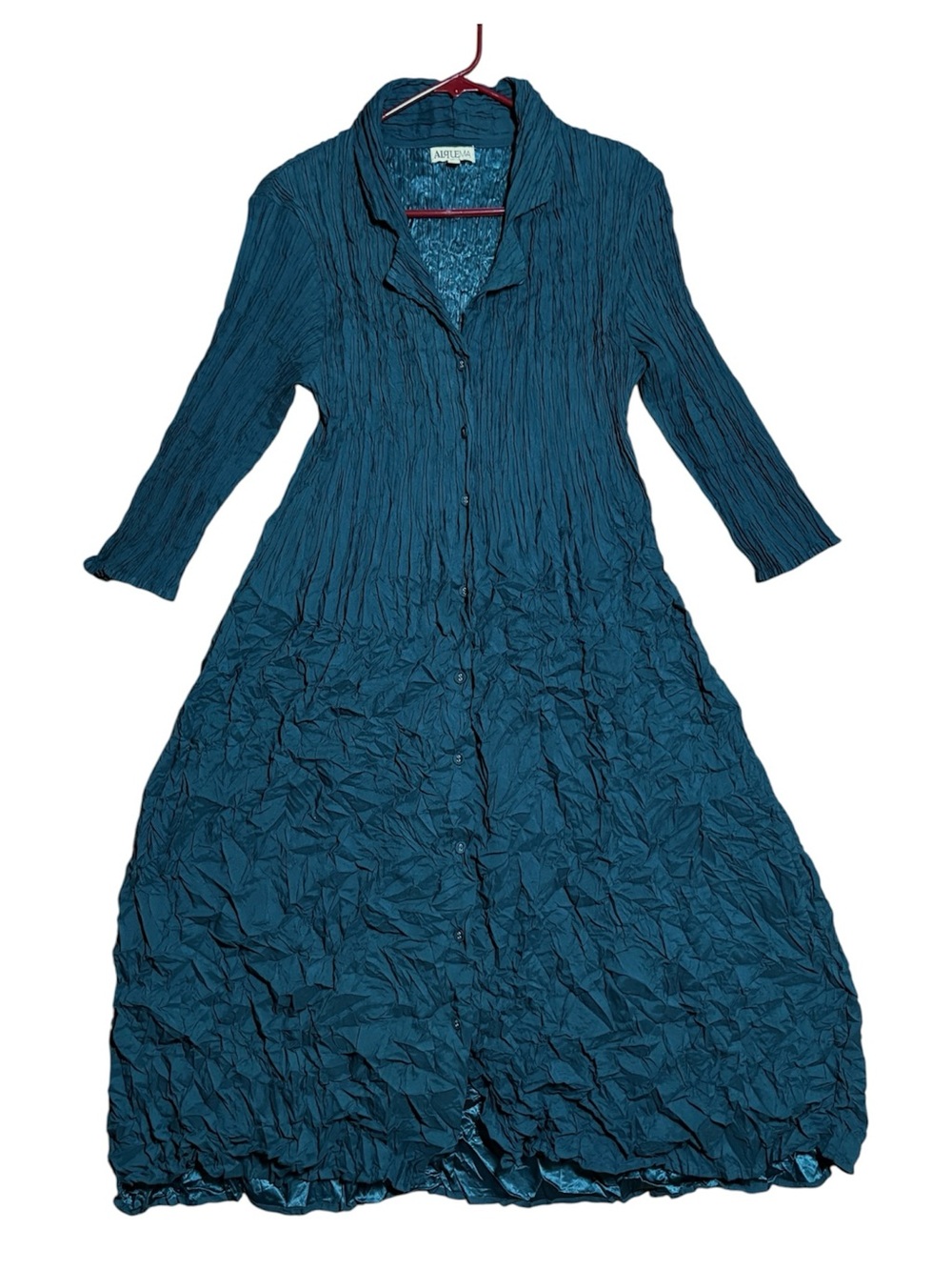 Alquema Smash Collar Coat-Dress In Peacock Teal Crinkle Pleats Sz 2/ 10-12 US